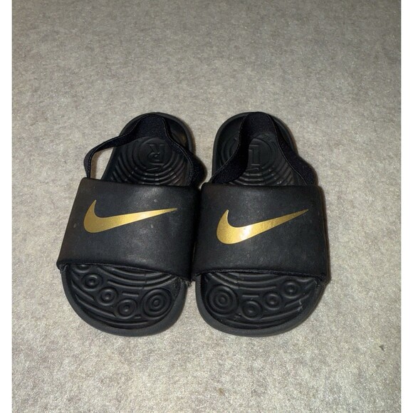 Nike Kawa Boys Size 8C Black Slides With Strap Gold - Picture 3 of 5